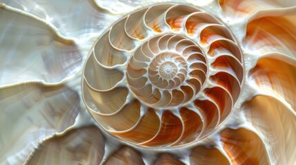 Nautilus shell in an abstract setting, showcasing its intricate spiral design. The shell's geometric pattern is a beautiful display of nature's artistry.