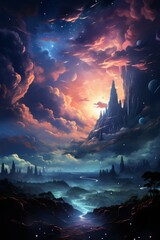 Wall Mural - ethereal cosmic landscapes in vibrant colors with stars and celestial bodies.