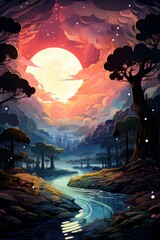 Wall Mural - ethereal cosmic landscapes in vibrant colors with stars and celestial bodies.