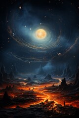Wall Mural - ethereal cosmic landscapes in vibrant colors with stars and celestial bodies.