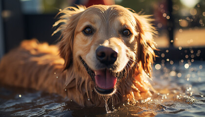 Wall Mural - Cute puppy playing in water, joyful and wet generated by AI