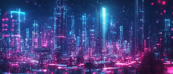 Wall Mural - Neon Cityscape - A Digital Metropolis