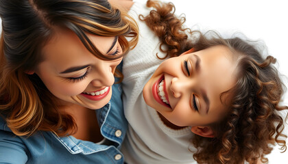 Top view of a mother and her daughter laughing cheerfully isolated with white highlights, png