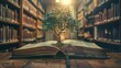 © Vilaphon  - World philosophy day education concept with tree of knowledge planting on opening old big book in library with textbook, stack piles of text archive and aisle of