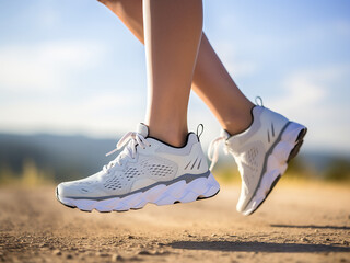 Sticker - Closeup of a woman�s running shoes in the sun, highlighting fitness and well-being