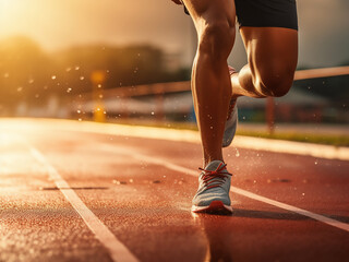 Cropped view of a male athlete running on a public track or court in summer