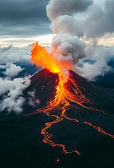 Erupting volcano with lava flow and rising smoke.