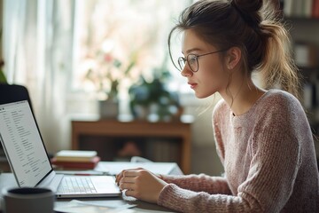 A woman is sitting at a desk with a laptop open in front of her. She is wearing glasses and has her hair in a bun. The scene suggests that she is working or studying