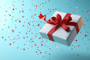 “Festive White Gift Box with Red Ribbon and Floating Confetti”. 3d illustrations.