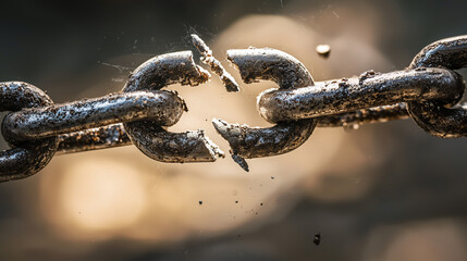 a close-up of a chain link snapping, symbolizing the breaking of bonds, resistance, or the end of a 