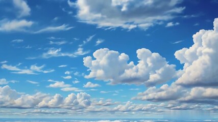 bright blue sky with scattered, cumulus white clouds in the distance.
