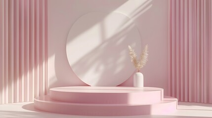 A pink room with a white wall and a white vase with flowers on it. The room is decorated in a very feminine and elegant style