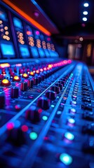 Modern music studio with soundproof walls bright lights and comfortable equipment. Concept Music Production, Soundproof Walls, Bright Lights, Comfortable Equipment, Modern Studio