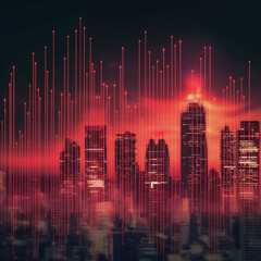 Poster - A cityscape featuring red buildings against a red sky, creating a dramatic and monochromatic scene.