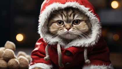 Poster - Cute kitten celebrates winter with small gift, looking at camera generated by AI