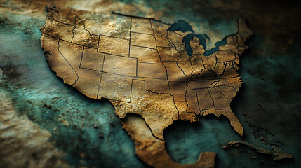 Tattered ancient map of USA