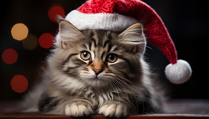 Poster - Cute kitten sitting, staring, playful, celebrating new fluffy gift generated by AI