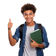 smiling young male student holding a book and showing thumb up sign, isolated on transparent backgro
