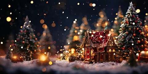 A small house with a red roof is surrounded by trees and snow