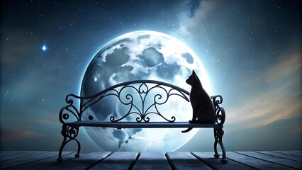 Wall Mural - A Feline Feast Under the Moonlight: A Cat on a Romantic Bench Bathed in Soft Moonlight  Generative AI