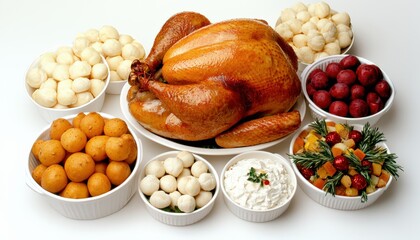 Roasted turkey with various side dishes, including potatoes, herbs, and fresh vegetables, perfect for a holiday meal or festive gathering.