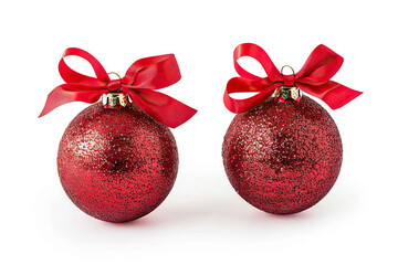 Two glittering red Christmas baubles tied with elegant red ribbons, isolated on a white background