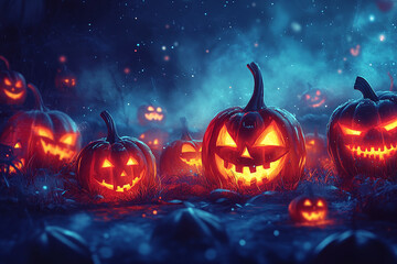 illustration of a halloween pumpkin patch with glowing jack-o'-lanterns.