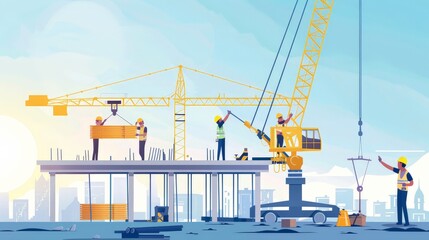 Canvas Print - A team of construction workers using a crane to lift heavy materials, coordinating to ensure safe and accurate placement.