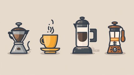 Wall Mural - A set of coffee icons including a cup, beans, a grinder, and a French press.