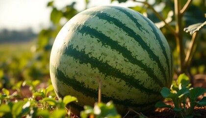 Close-up of watermelon growing in an organic field.