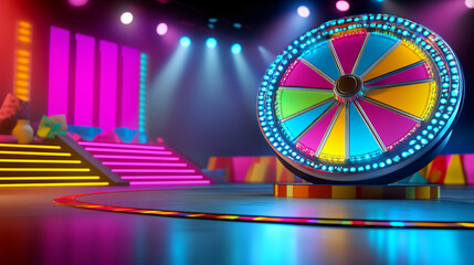 game show stage with big spinning wheel and vibrant neon colors, 3d render