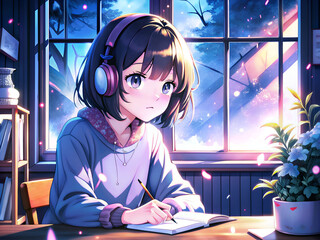 Canvas Print - Beautiful girl listening to music with headphones and writing