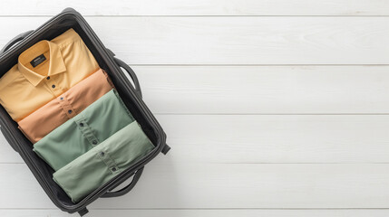 Modern suitcase, opened and organized with male travel essentials like colorful shirts and pants, resting on a white wooden floor, symbolizing preparation for a summer adventure or