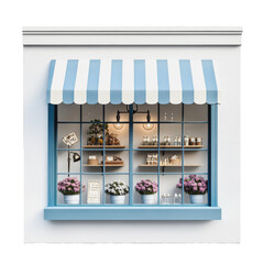 Wall Mural - PNG Charming shopfront with blue awning and flowers