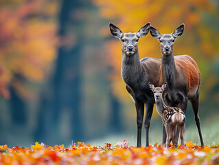 Wall Mural - Three deer standing in a field of autumn leaves