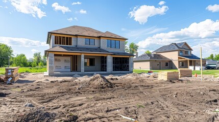 Wall Mural - A suburban home under construction, with a spacious backyard and a modern design, ready to become the perfect family retreat.