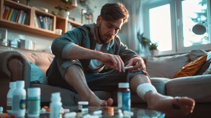 use of ointments and tablets - a young man is taking medicine as prescribed and applying it to his i