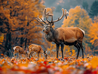 Wall Mural - A deer with antlers stands in front of two deer. The deer are fawns and are standing in a field of autumn leaves