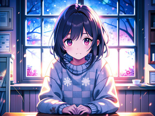 Cute anime manga girl sitting at table in room