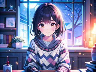 Wall Mural - Cute anime manga girl sitting at table in room