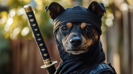 Wall Mural - A small dog is dressed in a ninja costume and holding a sword. The dog's eyes are wide open, and it looks like it's ready for action. The image has a playful and lighthearted mood