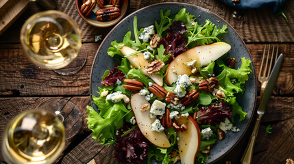 Wall Mural - a gourmet salad, featuring mixed greens, poached pears, blue cheese crumbles, and candied pecans, lightly drizzled with vinaigrette, set on a rustic wooden table with a glass of white wine