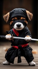 Wall Mural - A small brown and white dog is dressed in a black ninja costume and holding a sword. The image has a playful and lighthearted mood, as the dog is dressed up in a costume and holding a toy sword