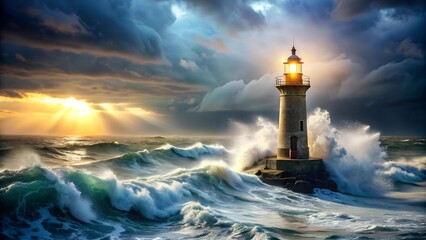 Wall Mural - A Beacon of Hope: A Single Lighthouse Shining Bright Against a Stormy Sea  generative AI