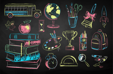 Wall Mural - vector vintage illustration set of back to school education symbols and objects on chalkboard backgr
