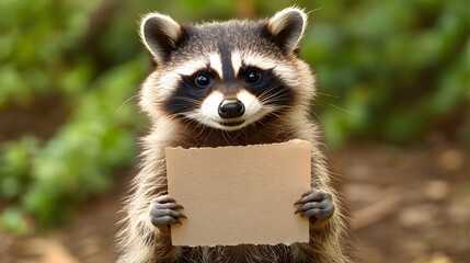 Funny raccoon holding an blank cardboard in his paws