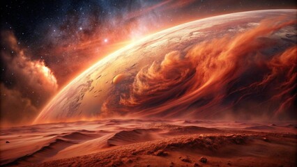 Wall Mural - A swirling vortex of crimson dust engulfs the vast canyon of Valles Marineris, casting long shadows across the Martian lands  AI generated