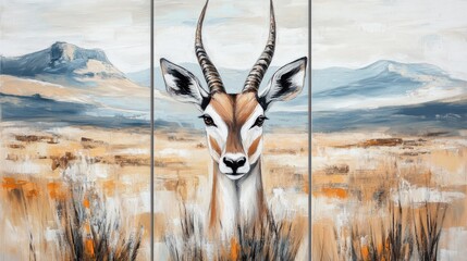 Set of 3 wall art panels with graceful antelope portrait framed by sparse savannah vegetation and distant mountains, abstract oil painting, close up, split into three on white background 