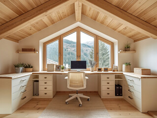 Wall Mural - A home office with two desks, one of which has a computer on it. The room has a lot of natural light coming in through the windows, and there are several potted plants scattered throughout the space