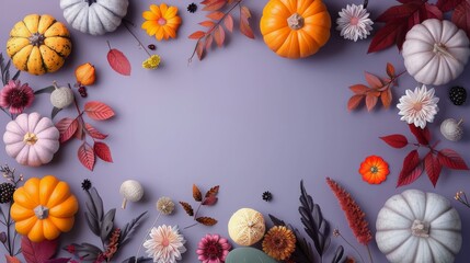 Poster - Colorful Pumpkins and Autumn Leaves Arranged on a Gray Background in Fall